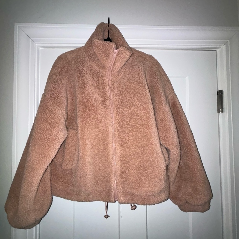 Tan Teddy Jacket with High Collar and Relaxed Fit Miss Love Brand